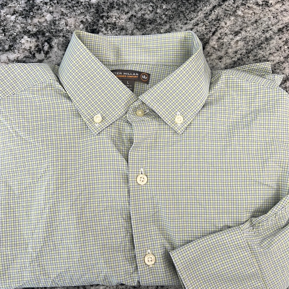 Peter Millar Green and Blue Check Button-Down Dress Shirt